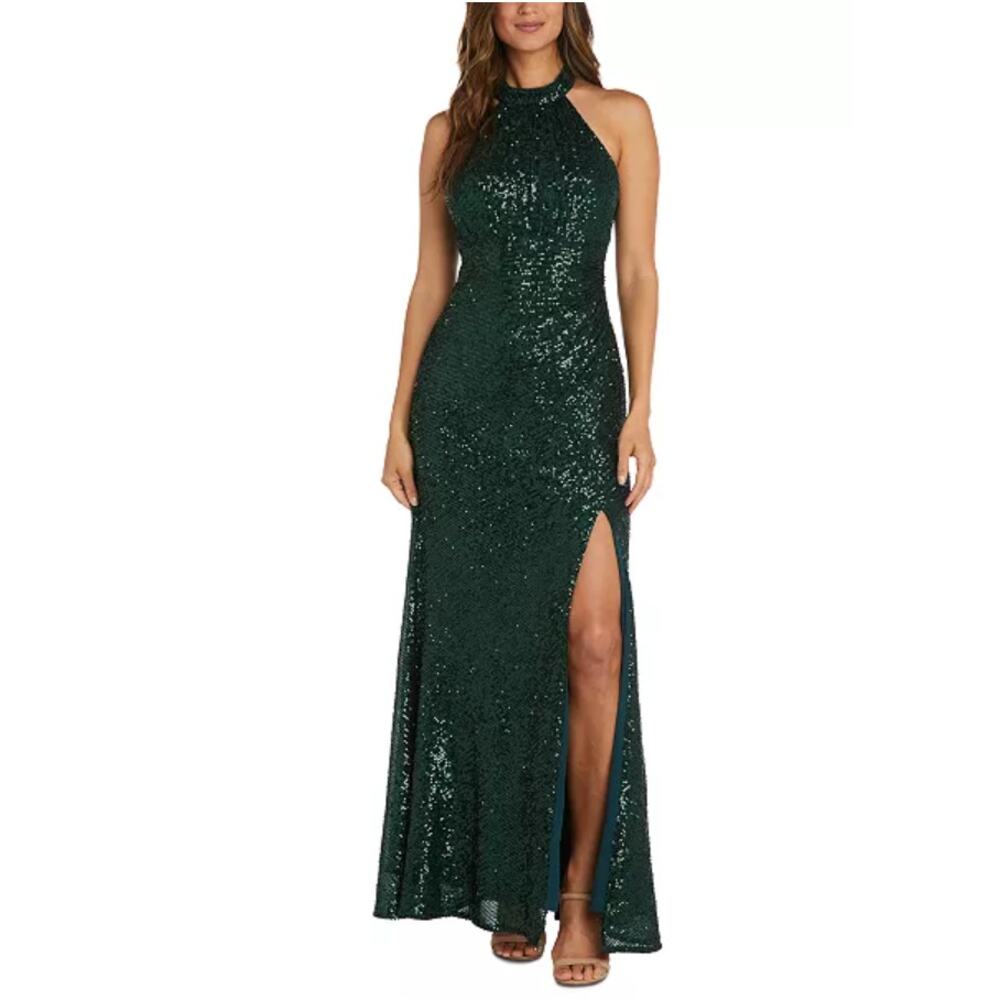 Nightway Evening Gown Dress Women Sz 14W Green Sequin Halter Formal Elegant NWT